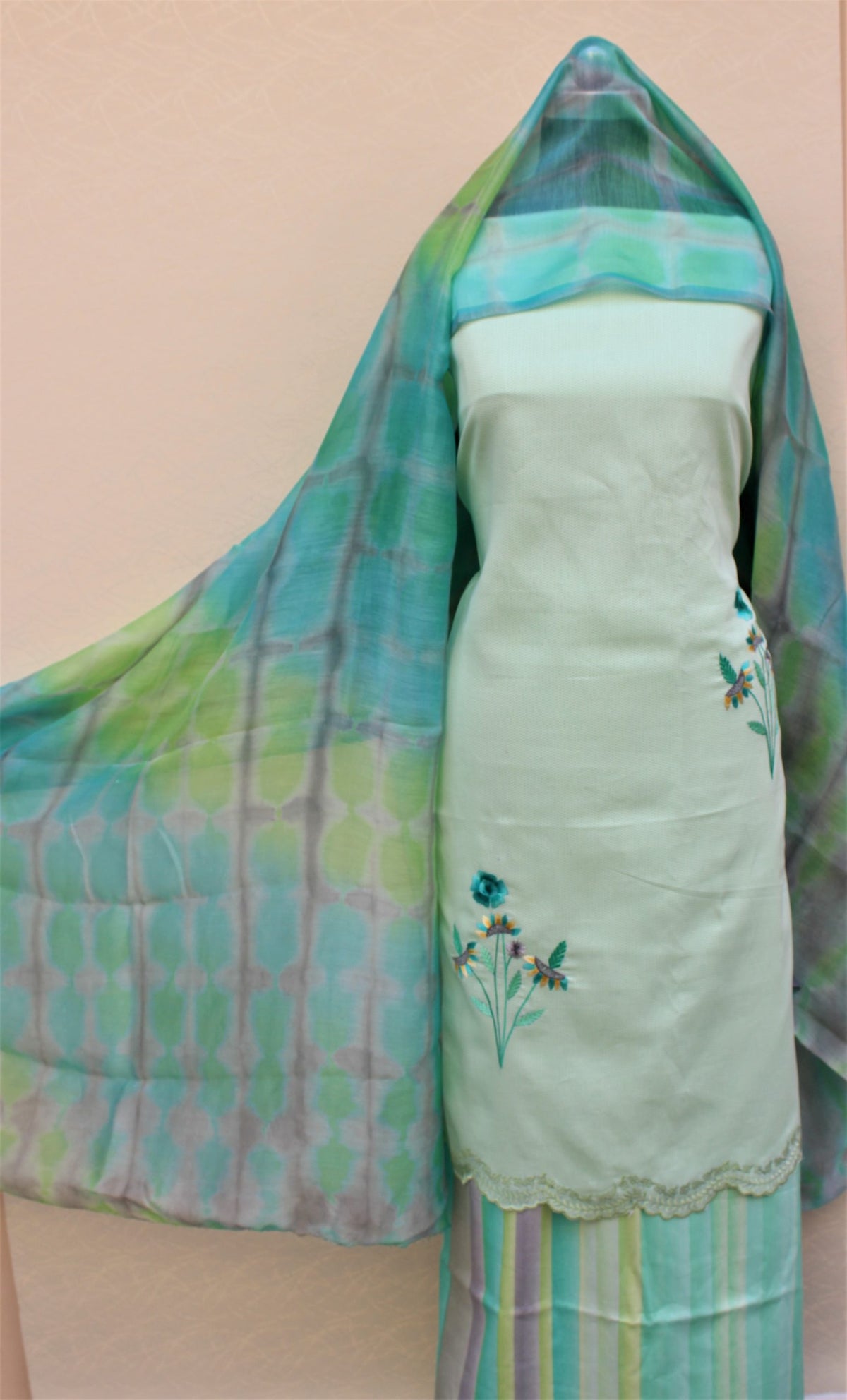 Sea Green Suit With Lines Bottom and Tie Dye Dupatta