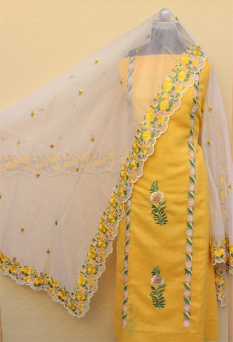 Yellow Full Suit With White Chanderi Kota Dupatta