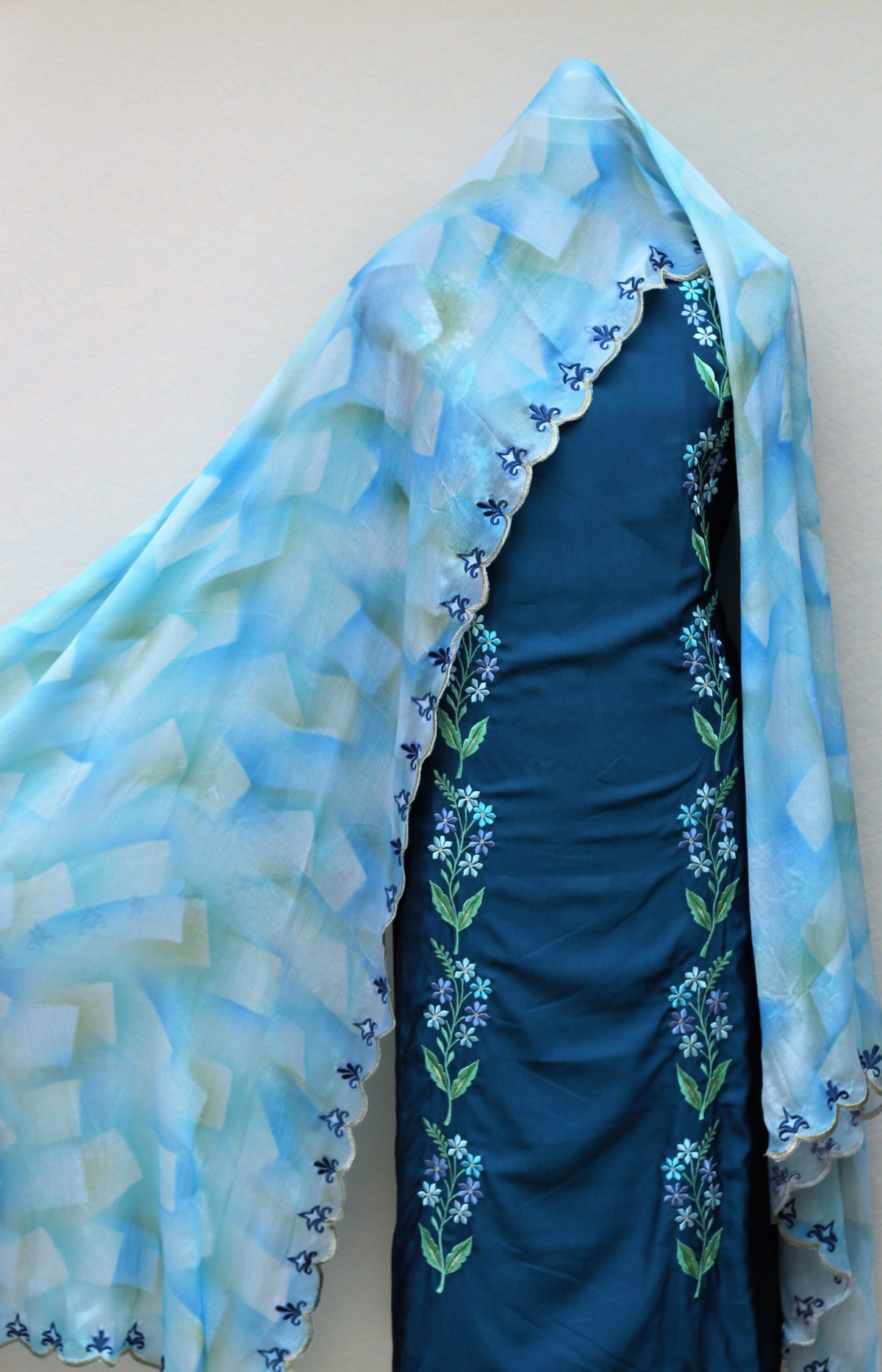 Peacock Blue Full Suit With Chinon Chiffon Tie Dye Dupatta