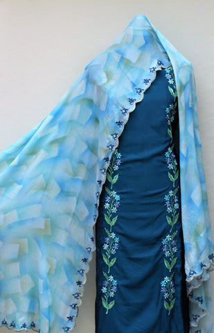Peacock Blue Full Suit With Chinon Chiffon Tie Dye Dupatta
