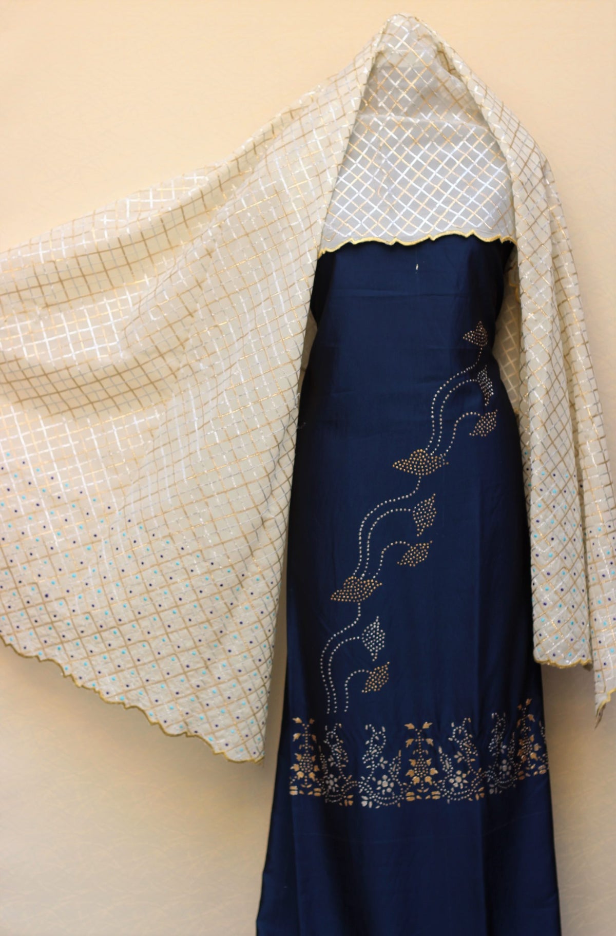 Peacock Blue Full Suit With Off White Dupatta