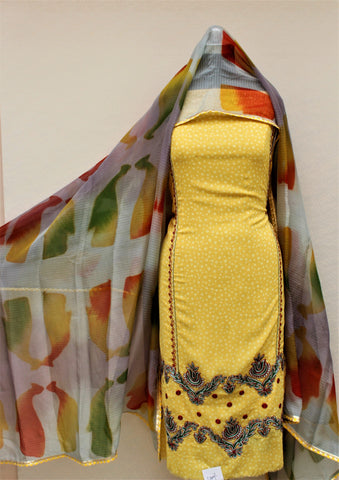 Yellow Full Suit With Self Organza Tie Dye Dupatta