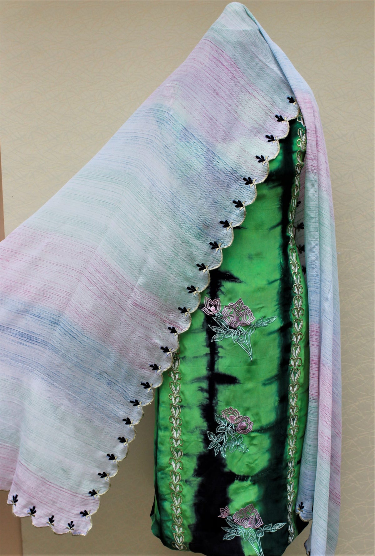 Green Tie and Dye Full Suit With Chinon Chiffon Dupatta