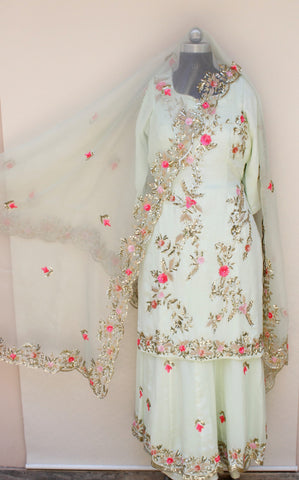 Pista Green Full Suit With Same Colour Organza Dupatta