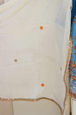 Firoji Blue and Cream Full Suit With Cream Chinon Chiffon Dupatta