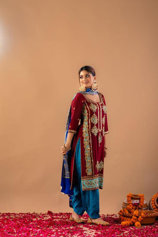 Marron and Blue Full Suit With Blue Banarasi Dupatta-1379