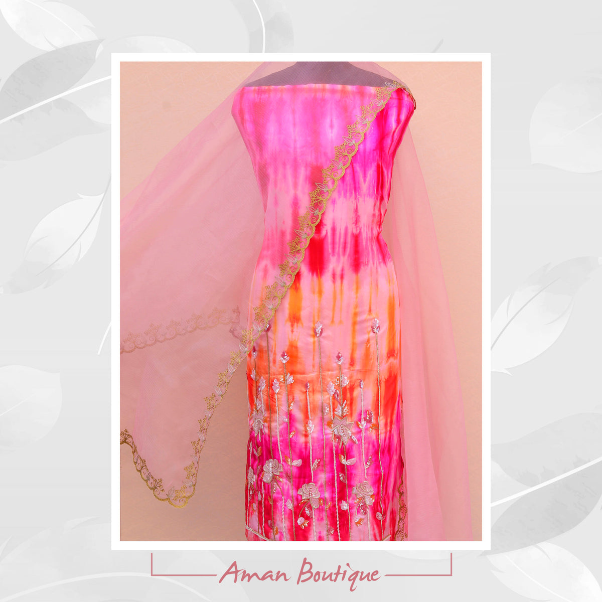 Pink Tie and Dye Full Suit With Light Pink Organza Dupatta